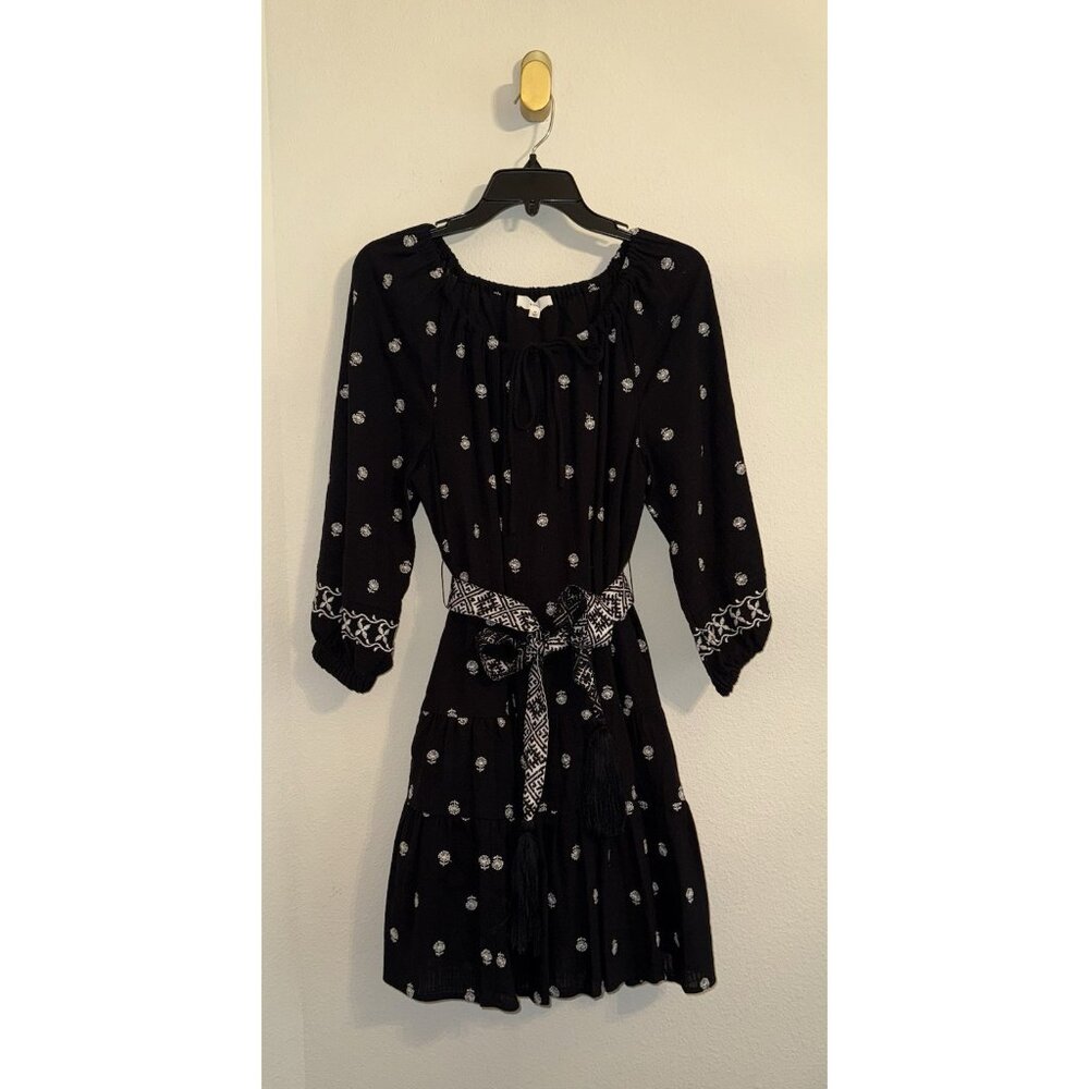 A Loves A Embroidered Cotton Tiered Dress Belted Lined Womens M Medium Black